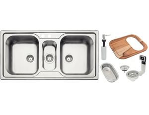 F.L Cuba de Sobrepor Tramontina Marea 2.5C 34 em Aço Inox com Acabamento Acetinado 100 x 50 cm e com acessórios Válvula, Dosador, Tábua e Cesto