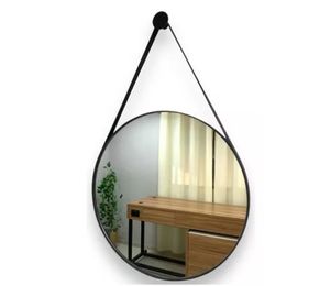 Espelho Redondo 60cm Preto Moldura Couro