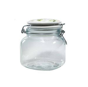 Pote em Vidro Hermético 780 ml com Tampa Cerâmica Desenho Flores
