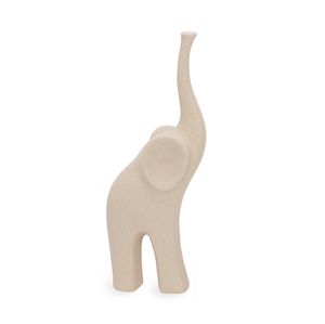 Escultura em Cerâmica Elefante Bege Tromba Erguida Tamanho Grande
