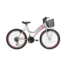 Bicicleta Passeio Athor Aro 26 Musa Feminina 18V Aero Branco com Rosa Com Cesta