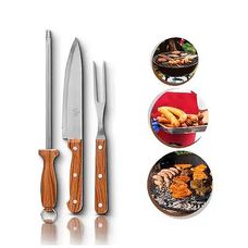 Jogo Para Churrasco Inox Premium Wood 3 Peças - Yazi