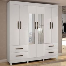 Guarda Roupa Casal Com Espelho 6 Portas 4 Gavetas Verona Branco - Sallêto Móveis