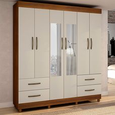 Guarda Roupa Casal Com Espelho 6 Portas 4 Gavetas Verona Nogal/Off - Sallêto Móveis