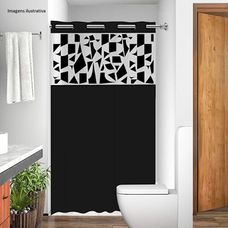 Cortina de Box PVC Com Visor e Ilhos Arabesco Preto Saia Preta 138x198cm - Vida Pratika