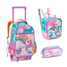 Kit Mochila Com Rodas + Lancheira + Estojo Unicórnio - Denlex
