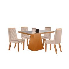 Conjunto Sala de Jantar Prada 1,20x80 com 4 Cadeiras Riviera Suedy Creme tec 164 Castanho Cinamomo - LJ Móveis