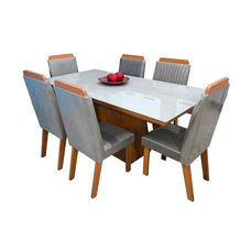 Conjunto Sala de Jantar Prada 1,60x0,80 com 6 Cadeiras Rivieira Suedy Creme 164  Castanho Cinamomo