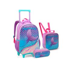 Kit Mochila Infantil com Rodas + Lancheira + Estojo Mermaids - Seanite