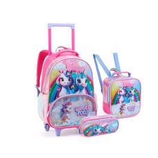 Kit Mochila Infantil com Rodas + Lancheira + Estojo Sweet Pony Rosa - Seanite
