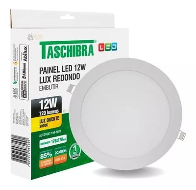 Painel Led Redondo Embutir 12w 3000k Luz Quente Taschibra