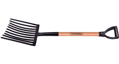 Forcado Metálico para Cascalho Tramontina 10 Dentes com Cabo de Madeira 71 cm