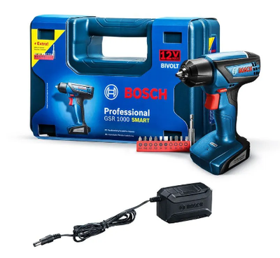 Furadeira Parafusadeira Sem Fio De 6mm Bosch Gsr 1000 Smart 12v Com Maleta 110v/220v 700rpm Azul